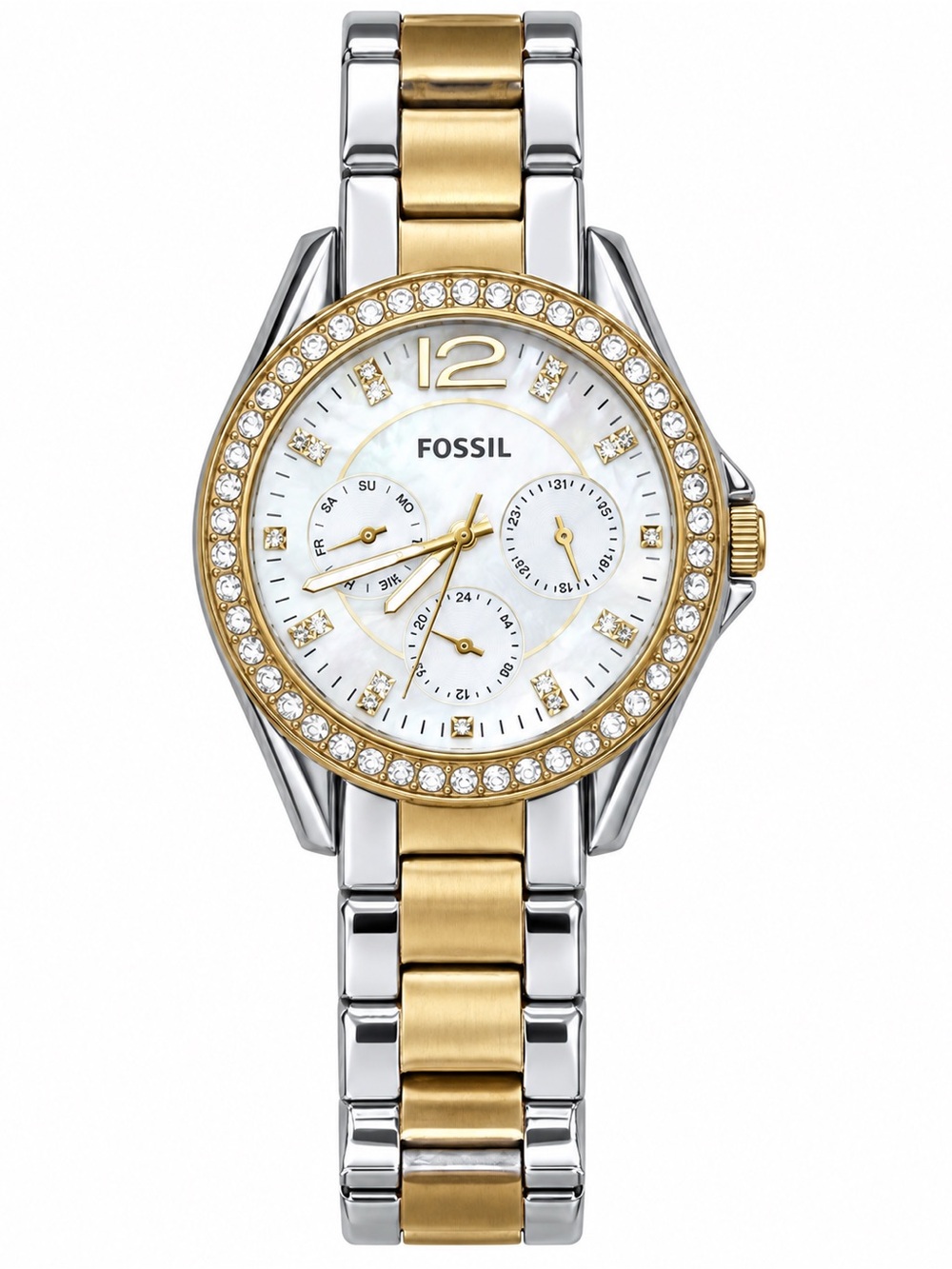 Fossil Riley Elegant 18mm gold silver two tone crystal stainless steel watch